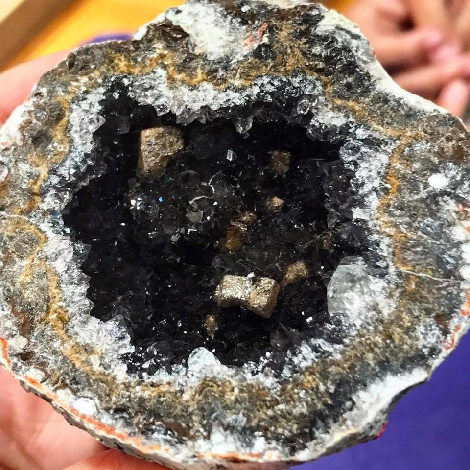 Inside of a freshly cracked geode at Crystal Caves