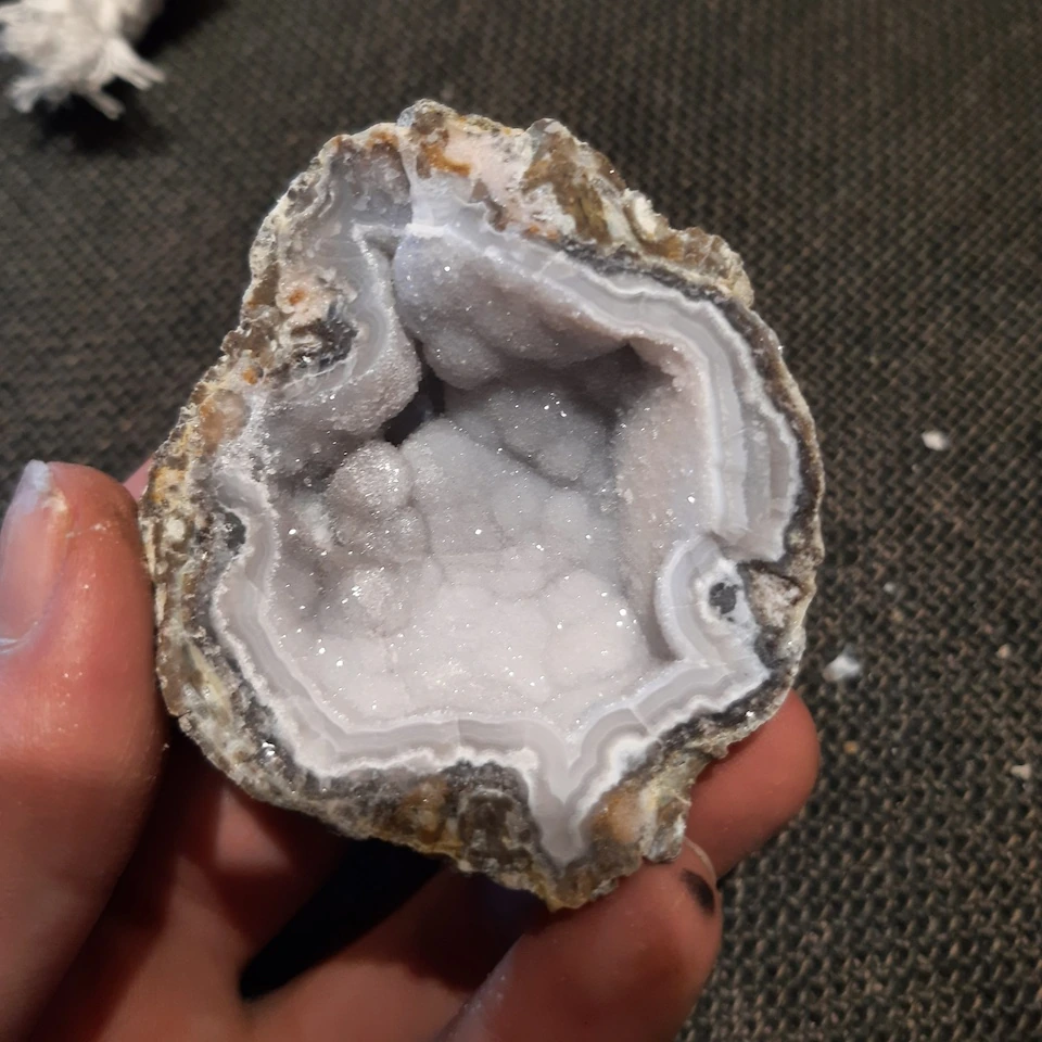 Inside of a freshly cracked geode at Crystal Caves