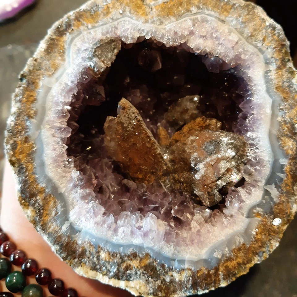 Inside of a freshly cracked geode at Crystal Caves