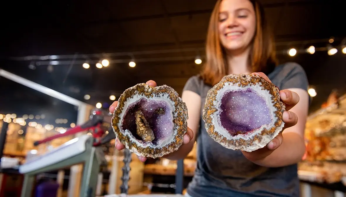 A freshly cracked geode revealing sparkling amethyst crystals inside