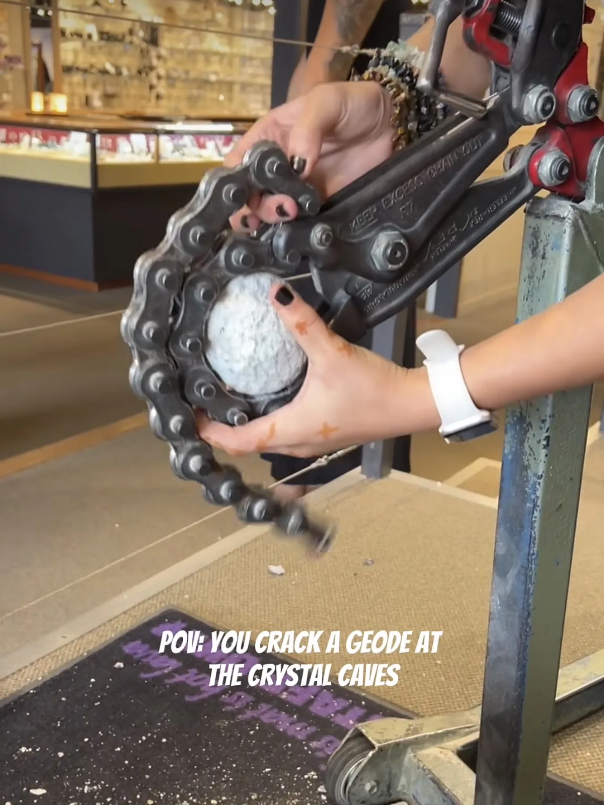 Reel: cracking open a geode with the chain cracker at Crystal Caves