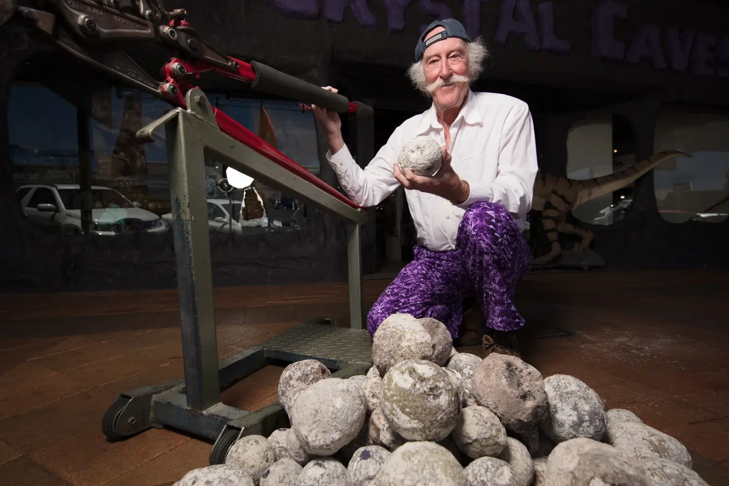René Boissevain with geodes he brought back from Mexico, outside Crystal Caves