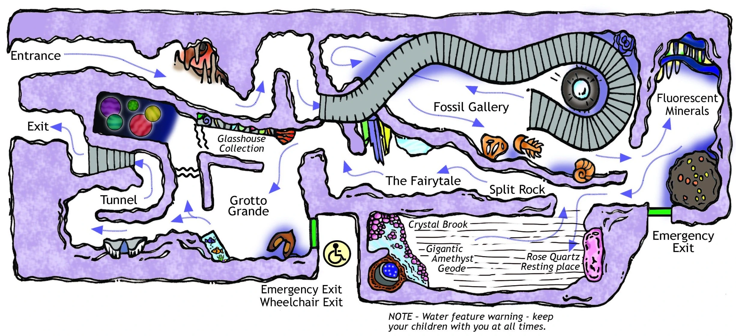 Map of the Crystal Caves loop, with every chamber and feature labeled in place